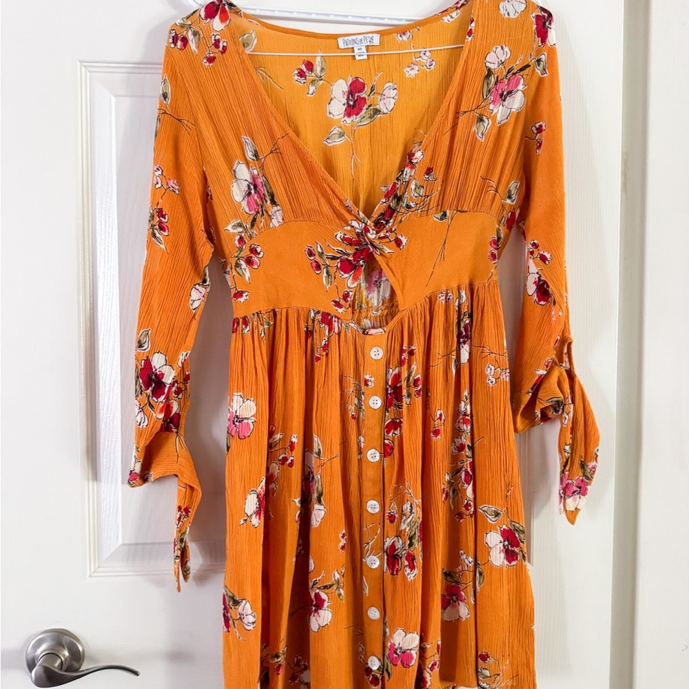 Patrons of Piece Orange Sundress with Bishop Sleeves, ptp 17”, XS